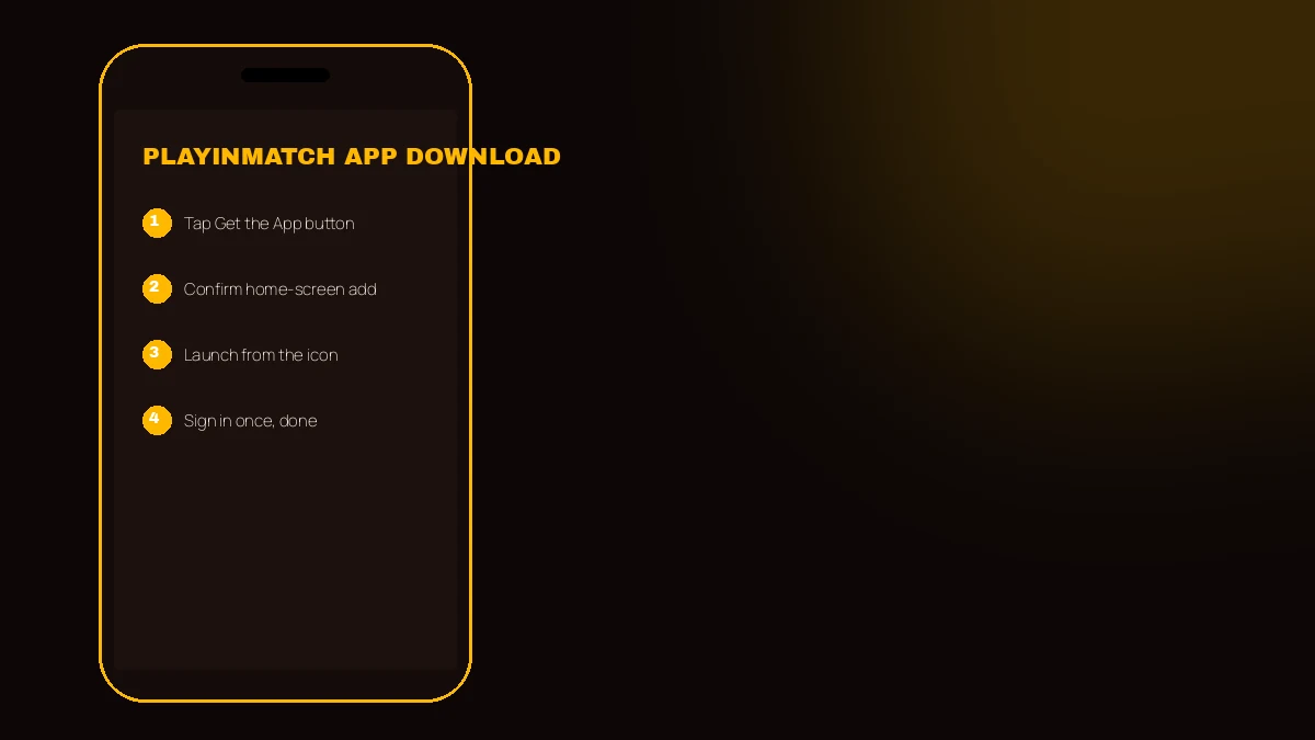 Numbered chip-stack steps for the PlayinMatch app download from phone browser to home-screen login