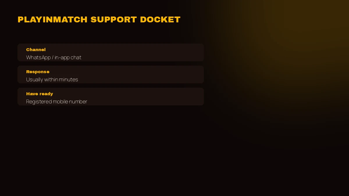 PlayinMatch support docket card with channels and details to keep ready