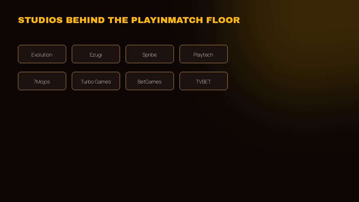 Wall of studios powering PlayinMatch games — Evolution, Ezugi, Spribe and more
