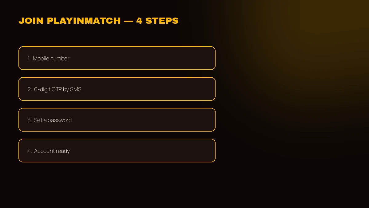 PlayinMatch OTP sign-up stepper from mobile number to password